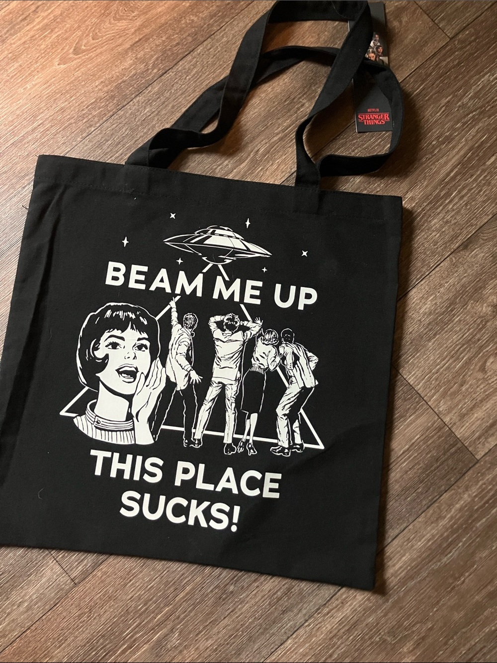 Black 'Beam Me Up' Graphic Tote Bag - Stranger Things